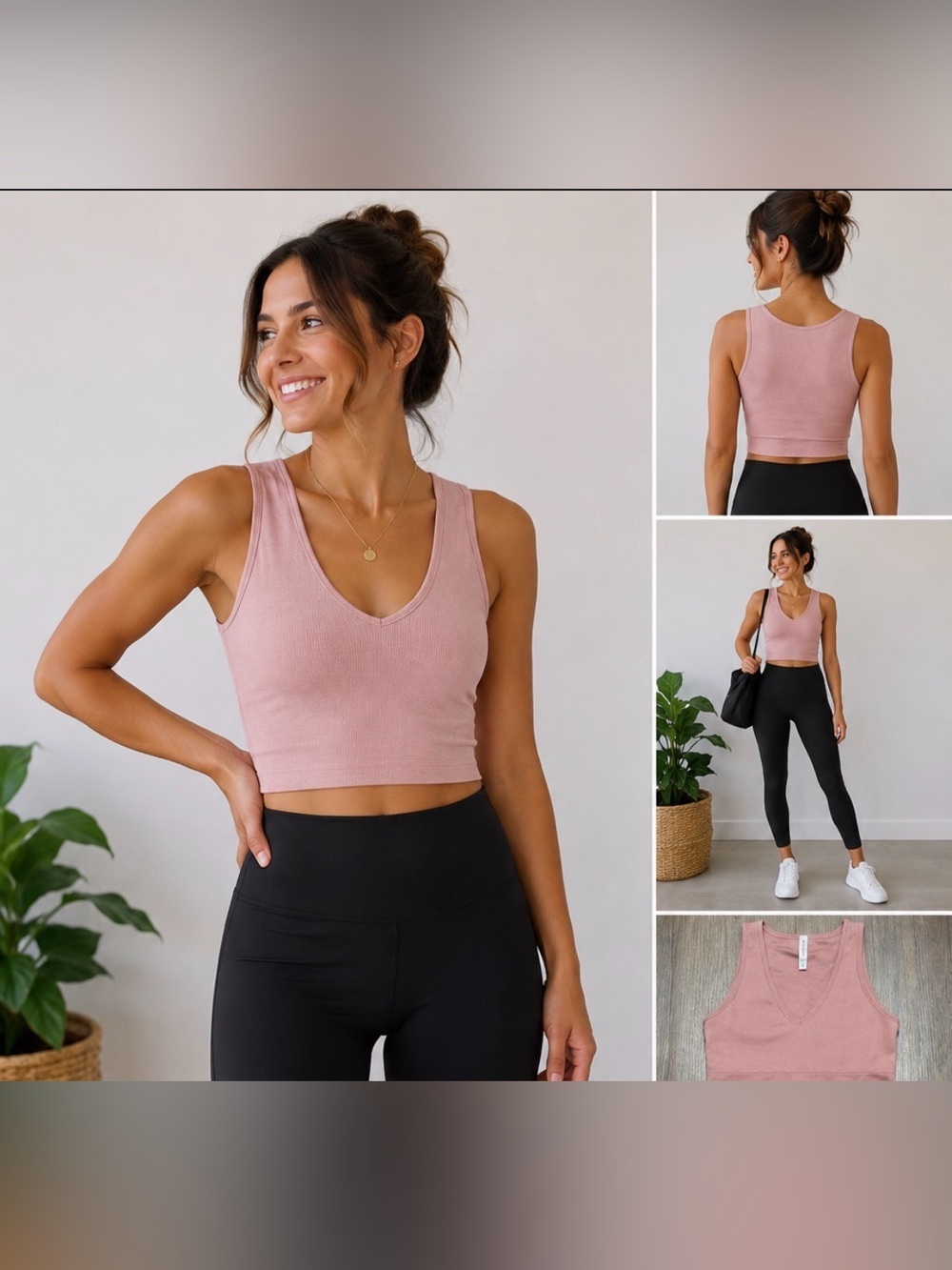 Athleta Ribbed V Neck Crop Tank Pink Shelf Bra Yoga Workout Top S